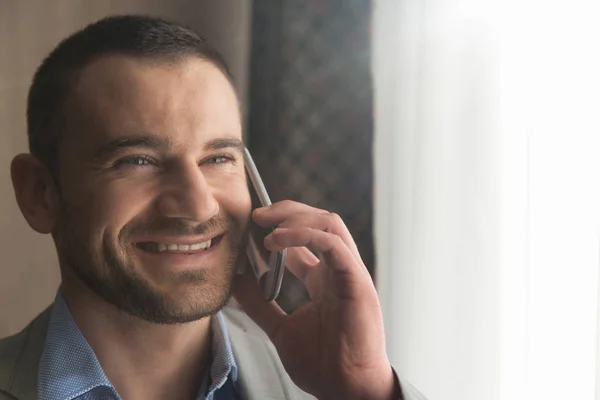 Happy Young Business Man Work Modern Living Room Talking Phone — Stock Photo, Image