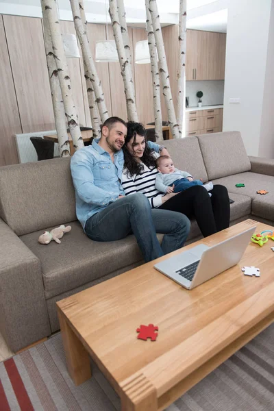 Happy Family Father Mother Playing Baby Home Sofa — Stock Photo, Image