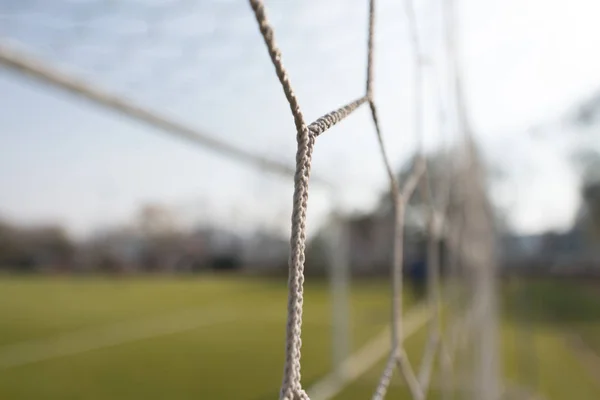 White Football Net on Green Grass — Stock Photo, Image