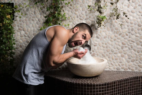 Man With White Organic Himalayan Rock Salt Spa — Stock Photo, Image