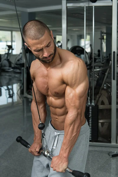 Kablosu ile Triceps için ağır egzersiz yaparak vücut geliştirmeci — Stok fotoğraf