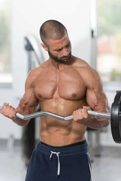 Muž v tělocvičně cvičení biceps s činka — Stock fotografie