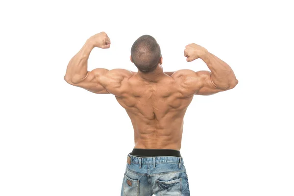Μυϊκή Bodybuilder άνθρωπος που θέτουν πάνω από το λευκό φόντο — Φωτογραφία Αρχείου