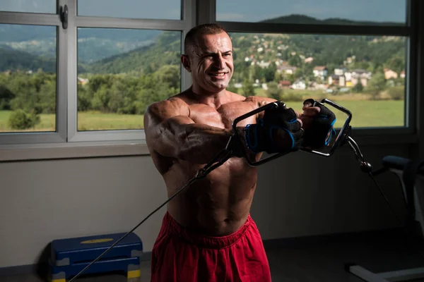 Athlete is Working Chest Workout Cable Crossover — Stok Foto