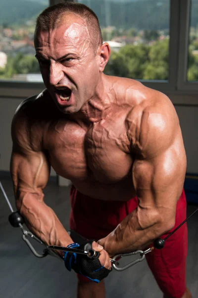 Athlete Is Working Chest Workout Cable Crossover — Stock Photo, Image