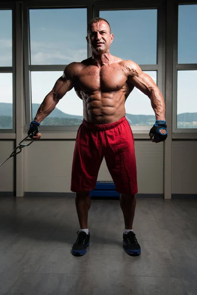 Athlete Is Working Chest Workout Cable Crossover — Stock Photo, Image