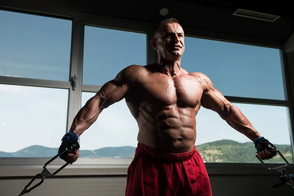 Athlete Is Working Chest Workout Cable Crossover — Stock Photo, Image