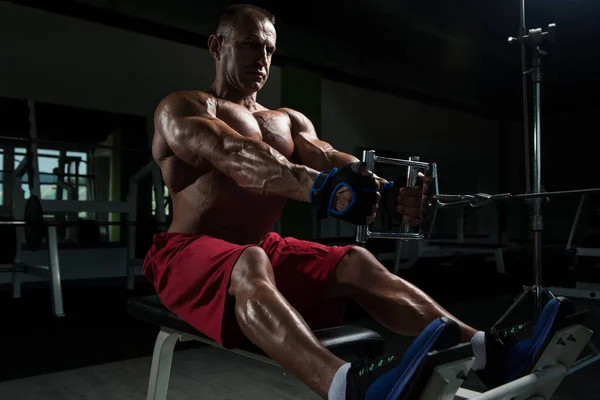 Muskularny mężczyzna robi ciężar ćwiczeń na plecy — Zdjęcie stockowe