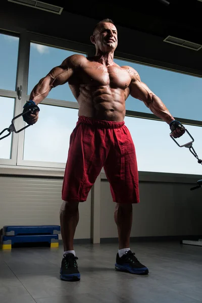 Athlete Is Working Chest Workout Cable Crossover — Stock Photo, Image