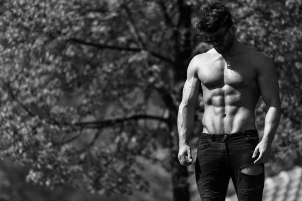 Modelo muscular grave em pé ao ar livre na natureza — Fotografia de Stock