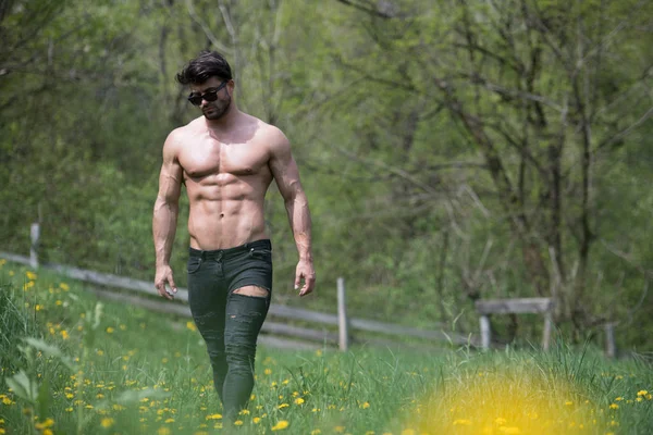 Uomo in piedi forte all'aperto nella natura in posa — Foto Stock