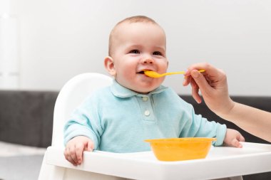 Mutlu anne dadı ya da kız kardeş evde bir kaşık dolusu yiyecekle bir bebeği besler.