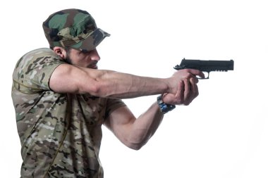 Amerikan Deniz Kuvvetleri Özel Operasyonları Ateşli Silahlı Modern Savaş Askeri Beyaz Arkaplanda Savaşa Hazır