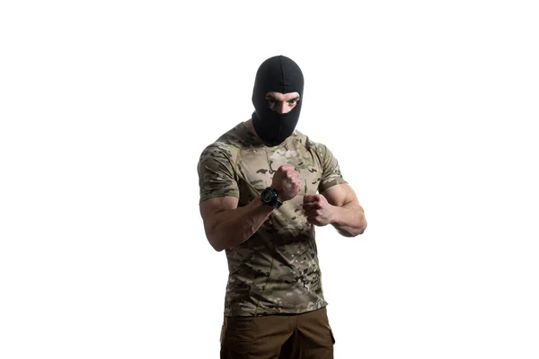 Homme Militaire Prêt Pour Bataille Combattez Avec Les Mains Isolées — Photo