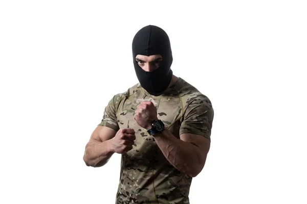 Военнослужащий Готов Битве Руками Изолированными Белом Фоне — стоковое фото
