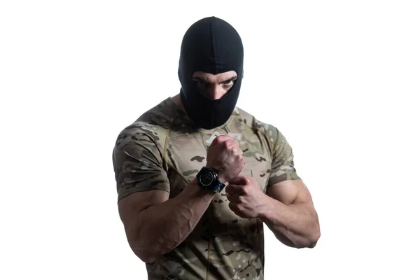 Военнослужащий Готов Битве Руками Изолированными Белом Фоне — стоковое фото