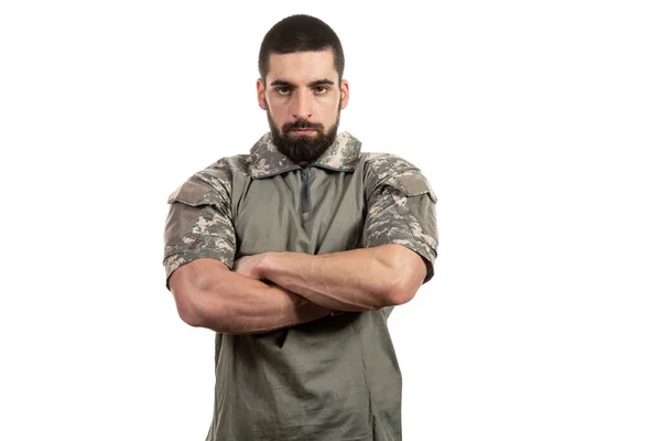 Portrait Young Soldier Arms Crossed White Background — Stock Photo, Image