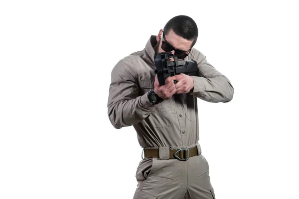 海军陆战队特别行动现代作战战士 手持火臂武器 准备在白色背景下战斗 — 图库照片