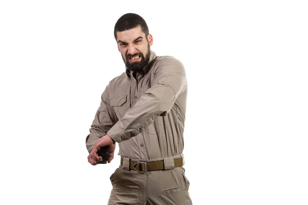 Homem Com Uma Bomba Mão Sobre Fundo Branco — Fotografia de Stock