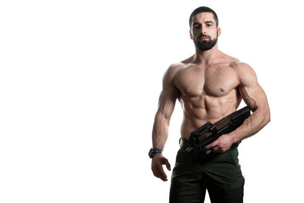 Bodybuilder Námořní Pěchoty Speciální Operace Moderní Válečný Voják Palebnou Zbraní — Stock fotografie