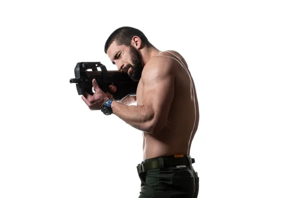 Bodybuilder Námořní Pěchoty Speciální Operace Moderní Válečný Voják Palebnou Zbraní — Stock fotografie