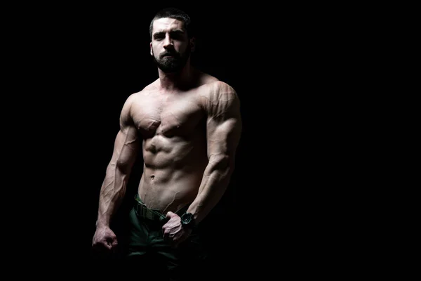 Young Bodybuilder Flexing Muscles Isolate Black Blackground Copy Space — Stock Photo, Image