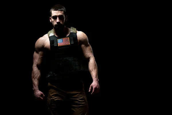 Bodybuilder Portrait Soldier Bulletproof Vest Flag Black Background — Stock Photo, Image