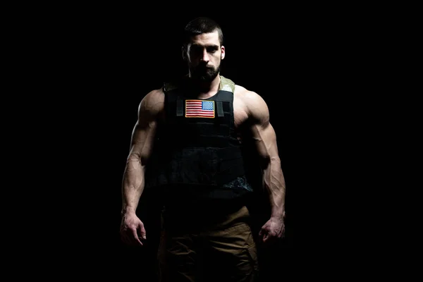 Bodybuilder Portret Van Soldaat Met Kogelvrij Vest Ons Vlag Een — Stockfoto