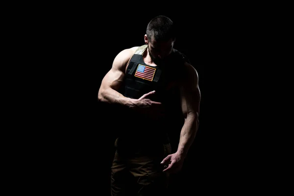 Bodybuilder Portrait Soldier Bulletproof Vest Flag Black Background — Stock Photo, Image