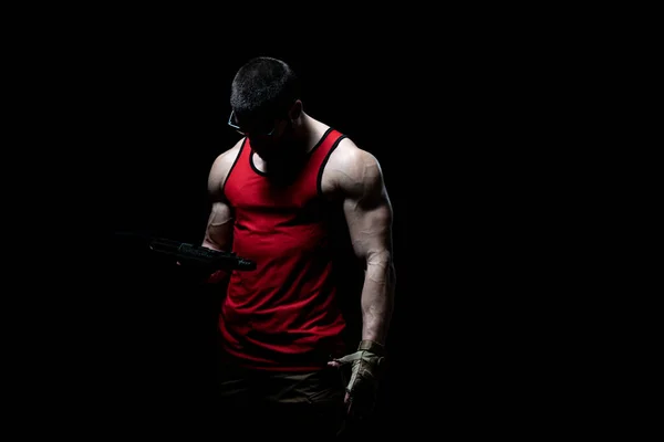 Portrait Young Man Sunglasses Undershirt Flexing Muscles Isolate Black Blackground — Stok Foto