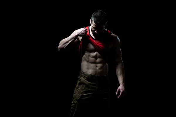 Young Bodybuilder Flexing Muscles Isolate Black Blackground Copy Space — Stock Photo, Image