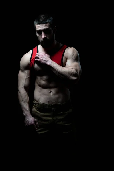 Young Bodybuilder Flexing Muscles Isolate Black Blackground Copy Space — Stock Photo, Image