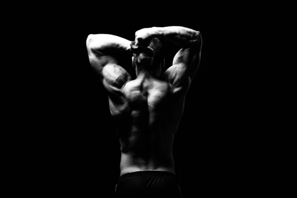 Young Bodybuilder Flexing Muscles Isolate Black Blackground Copy Space — Stock Photo, Image