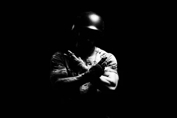 Портрет Американского Корпуса Морской Пехоты Современный Военный Солдат Шлеме Черном — стоковое фото