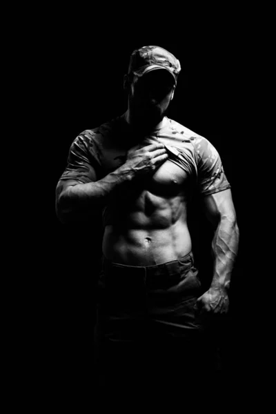 Young Bodybuilder Flexing Muscles Isolate Black Blackground Copy Space — Stock Photo, Image