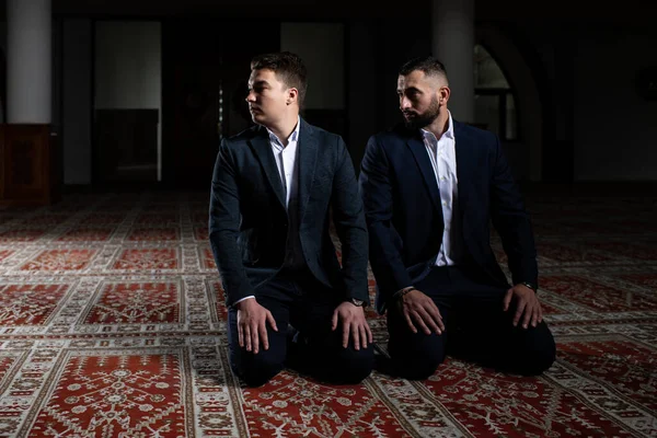 Two Attractive Man Making Traditional Prayer God Allah Mosque — Stock Photo, Image