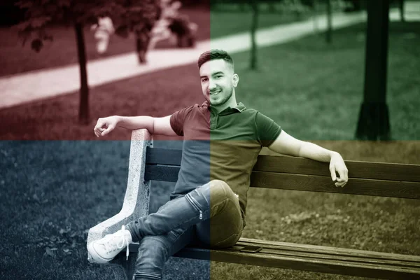 Retrato Jovem Confiante Bem Sucedido Com Camisa Azul Fora Parque — Fotografia de Stock