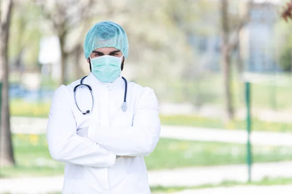 Portrait Tired Exhausted Male Caucasian Doctor Front Park Coronavirus Covid — Stock Photo, Image