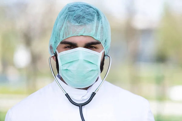 Portrait Tired Exhausted Male Caucasian Doctor Front Park Coronavirus Covid — Stock Photo, Image