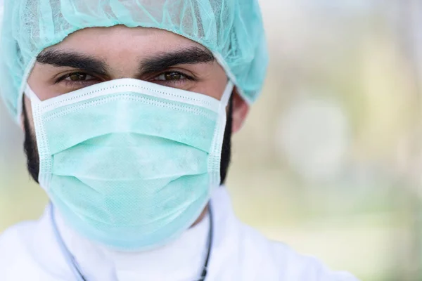 Portrait Tired Exhausted Male Caucasian Doctor Front Park Coronavirus Covid — Stock Photo, Image