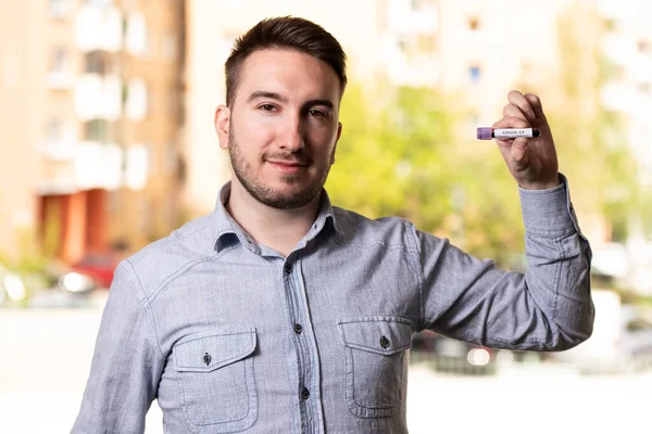 Young Man Wearing Protective Mask Gloves Holding Virus Blood Test — Stock Photo, Image