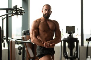 Yakışıklı Genç Adam Spor Salonunda Güçlü Duruyor ve Kaslarını Geriyor - Kas Atletik Vücut Geliştirici Spor Sonrası Spor Pozisyonu