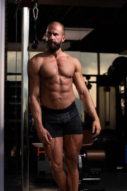 İyi eğitilmiş vücudunu gösteren genç bir adamın portresi - kaslı atletik vücut geliştirici spor sonrası vücut geliştirme modelliği pozu