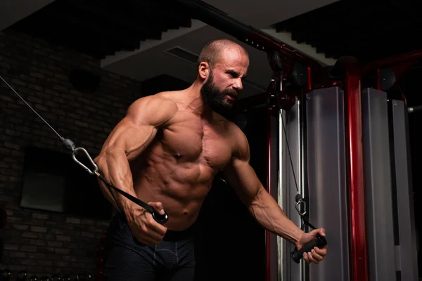 Muscular Fitness Bodybuilder Doing Heavy Weight Exercise Chest Machine Cable — Stock Photo, Image