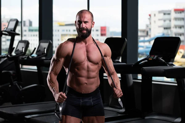 Handsome Muscular Man Jumping Rope Gym — Stock Photo, Image