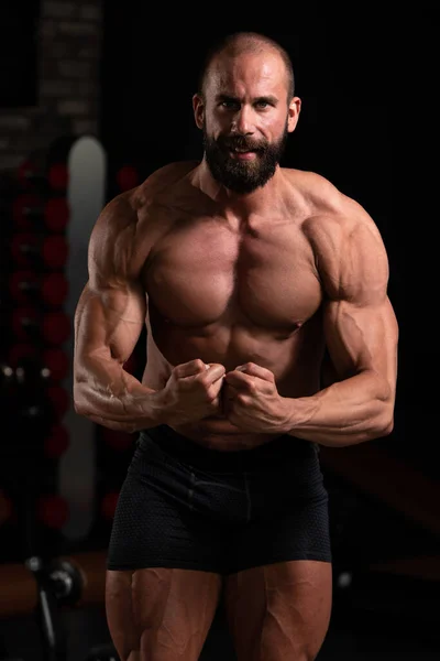 Handsome Young Man Standing Strong Gym Flexing Muscles Muscular Athletic — Stock Photo, Image