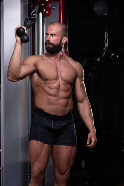 Muscular Fitness Bodybuilder Doing Heavy Weight Exercise Triceps Machine Cable — Stock Photo, Image