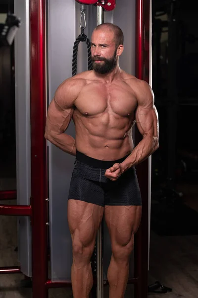 Handsome Young Man Standing Strong Gym Flexing Muscles Muscular Athletic — Stock Photo, Image