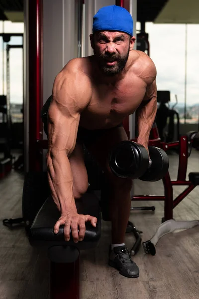 Muscular Fitness Bodybuilder Doing Heavy Weight Exercise Back Dumbbell Gym — Stock Photo, Image