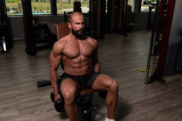 Hälsosam Man Tränar Biceps Mörk Gym Hantel Koncentration Lockar — Stockfoto